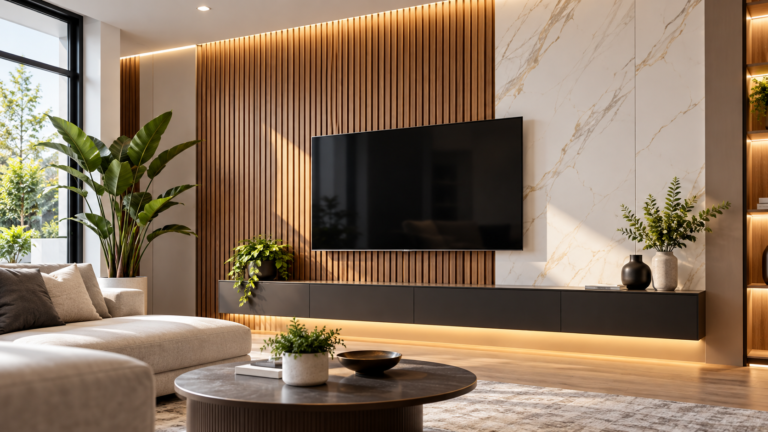 Modern living room with wood slat and marble wall panels