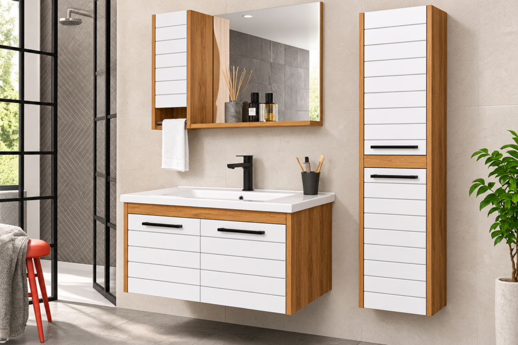 Modern Oak and White Bathroom Vanity Suite-2