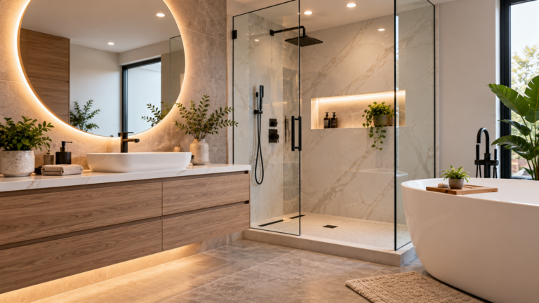 Modern bathroom with vanity, LED mirror, glass shower and bathtub