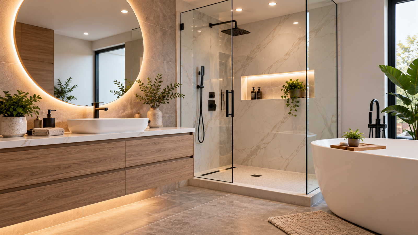 Modern bathroom with vanity, LED mirror, glass shower and bathtub