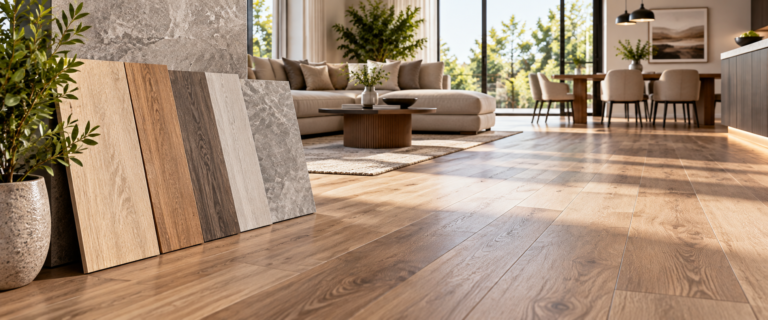 Modern home interior with wood flooring and flooring samples